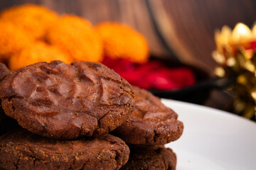 Indian Religious Mithai Called Thekua Thokwa Or Thekuwa Is Made Of Wheat And Meetha Dry Fruits Is Offered to Sun God During Auspicious Chhath Puja Celebrated In Uttar Pradesh Bihar In North India
