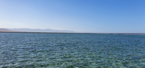 Beautiful seascape in Egypt. Clear sea and blue sky. Calm at sea. Rest on the Red Sea in Egypt.