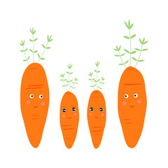 Funny carrot family characters. Hand drawn texture for kids, kitchen wallpaper, menu, textile, fabric. Food flat background. Vegan, farm, natural vegetables.