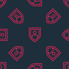 Red line Life insurance with shield icon isolated seamless pattern on black background. Security, safety, protection, protect concept. Vector
