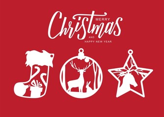 Christmas decorations for laser cut. Ball with deer and winter landscape, gift, sock, star. Christmas hand lettering text. Vector illustration.
