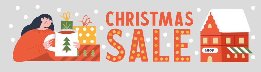 Christmas sale. Vector illustration, greeting banner template, poster. - 468116646