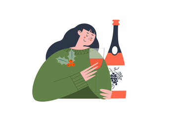 A nice girl with a glass of sparkling wine. Vector illustration. - 468116649