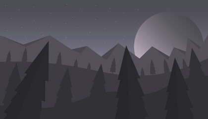 dark forest at night, full moon and stars, monochromatic