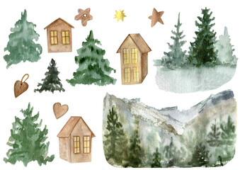Watercolor illustration of houses and trees, forest, Christmas trees