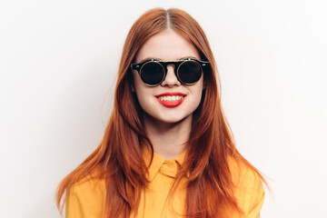 fashionable woman wearing sunglasses red lips charm