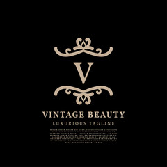letter V simple crest luxury vintage vector logo design for beauty care, lifestyle media and fashion brand