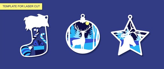 Christmas tree toys template for laser cut with layers. New Year decoration with deer, winter landscape and moon. Wooden coloring toy. Vector illustration.