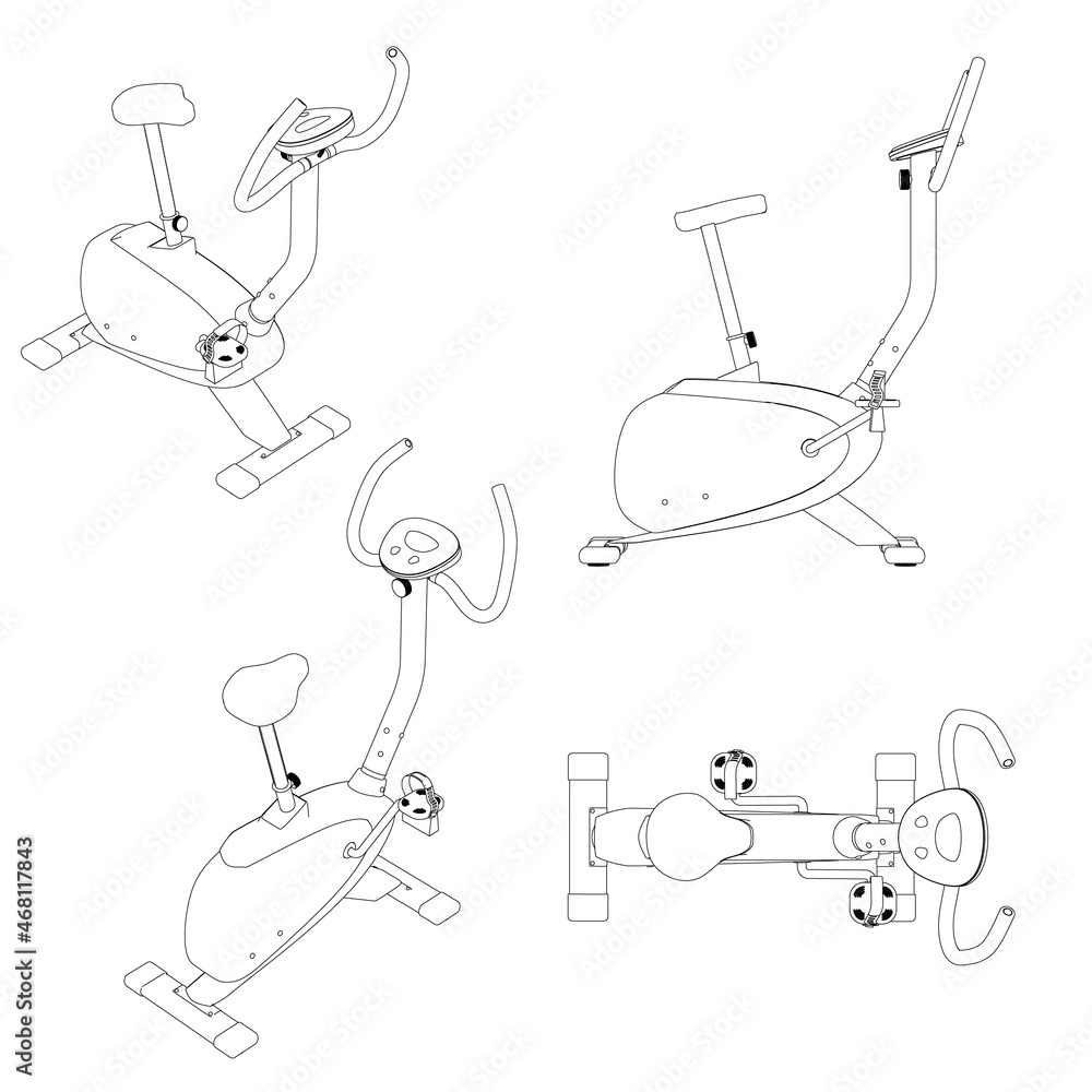 Poster set with contours of an exercise bike with different views from black lines, isolated on white backg