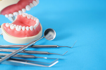 Dental steel instruments lying with artificial jaws on blue background closeup