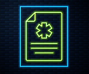 Glowing neon line Medical clipboard with clinical record icon isolated on brick wall background. Health insurance form. Prescription, medical check marks report. Vector