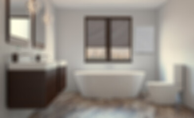 Bokeh blurred phototography. Clean and fresh bathroom with natural light. 3D rendering.. Blan