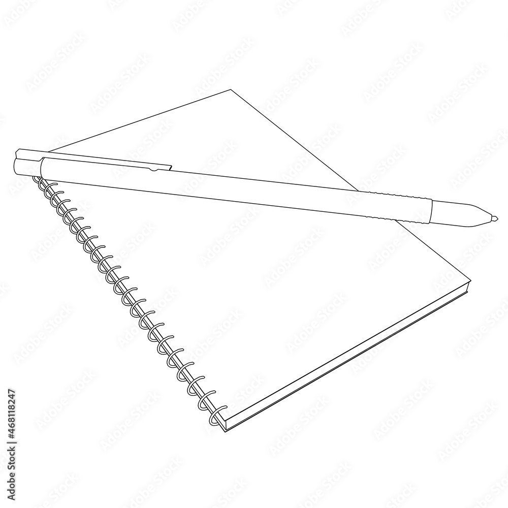 Poster contour of notepad with pen from black lines isolated on white background. isometric view. vector il