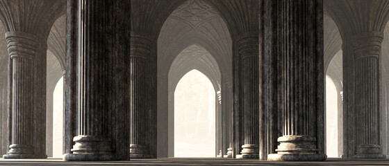 Large hall with columns. The interior is in the Gothic style. 3d illustration - obrazy, fototapety, plakaty