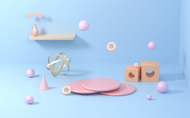 Stage and geometry in the room, 3d rendering.