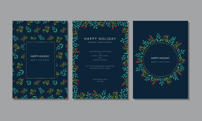 Fototapeta na wymiar Holiday and New Year Cards template set, Leaves and Gold Frame on Navy Background