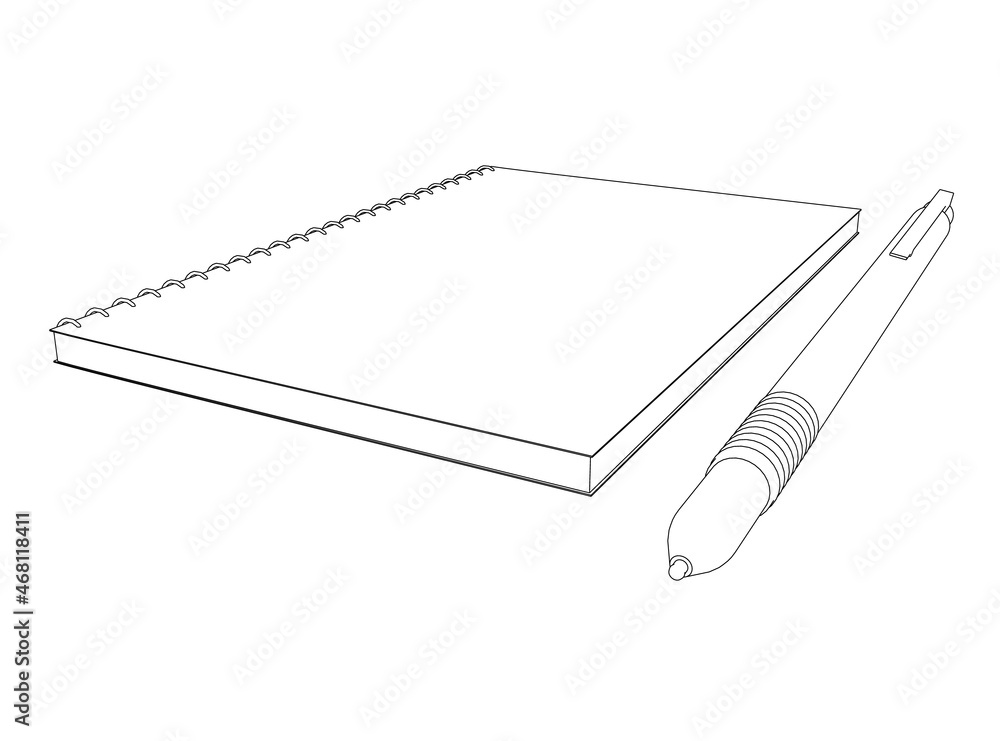 Poster contour of notepad with pen from black lines isolated on white background. perspective view. vector 