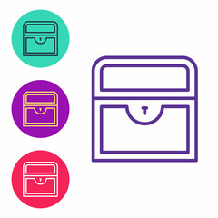 Set line Antique treasure chest icon isolated on white background. Vintage wooden chest with golden coin. Set icons colorful. Vector