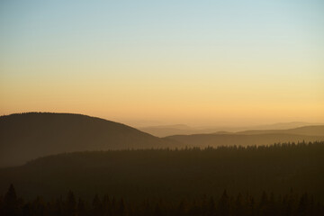 Landscape view on mountains in evening, sunset time.
