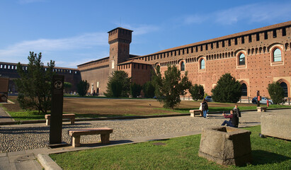Fototapeta na wymiar Milan, Italy - October 26, 2021: Milano Castle - Castello Sforzesco - popular tourist destination in Milan