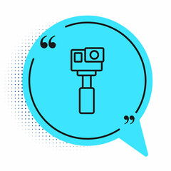 Black line Action extreme camera icon isolated on white background. Video camera equipment for filming extreme sports. Blue speech bubble symbol. Vector