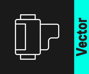 White line Camera vintage film roll cartridge icon isolated on black background. 35mm film canister. Filmstrip photographer equipment. Vector
