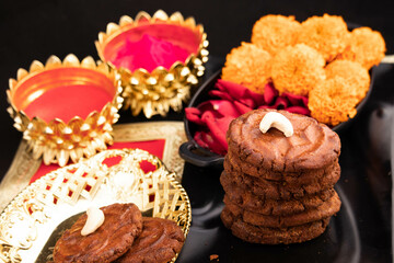 Indian Religious Mithai Called Thekua Thokwa Or Thekuwa Is Made Of Wheat And Meetha Dry Fruits Is Offered to Sun God During Auspicious Chhath Puja Celebrated In Uttar Pradesh Bihar In North India