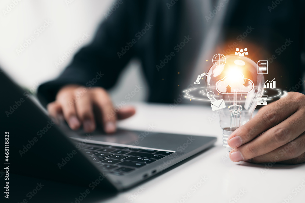 Poster Cloud computing and technology icons, such as a laptop computer graph,  person holding a light bulb. Business strategy and customer service are both part of cloud technology managing big data.