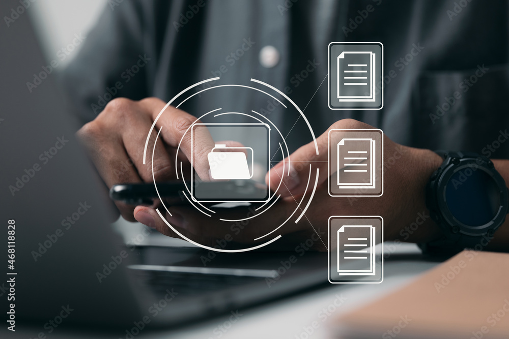 Poster Documentation in an enterprise with ERP, use a Document Management System (DMS), an online documentation database, and process automation. Business technology for corporations.
