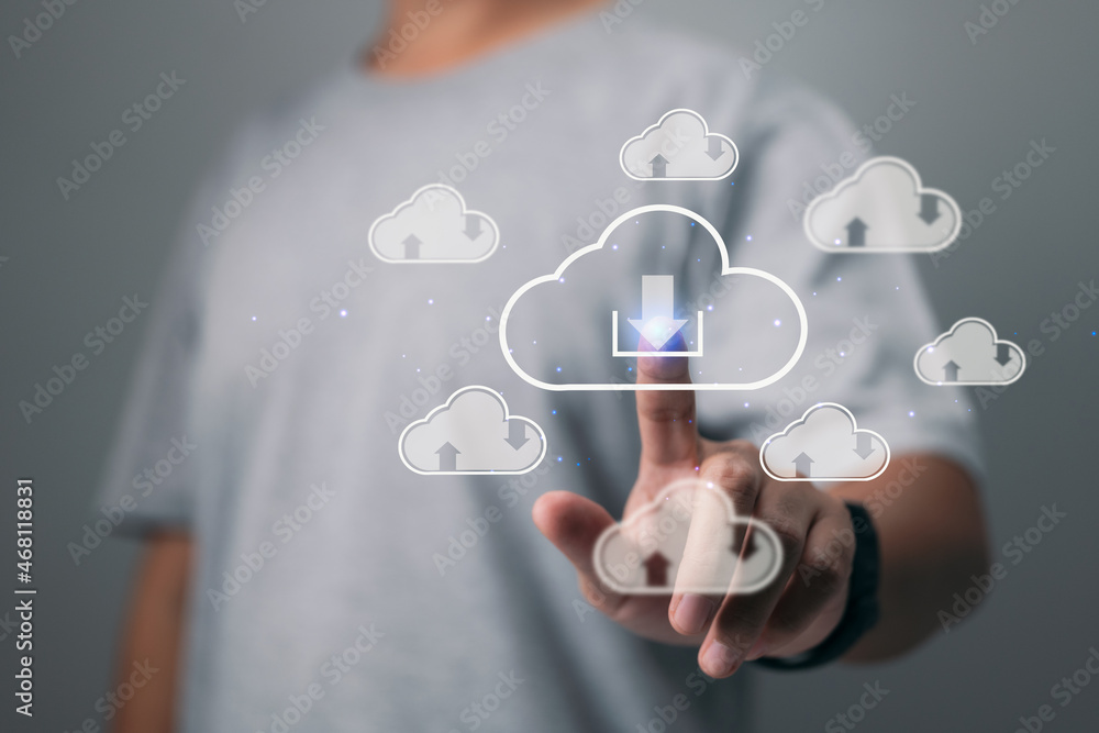 Poster A man touches the cloud download link. Cloud computing is a technology that allows users to share, download, and upload large amounts of data.