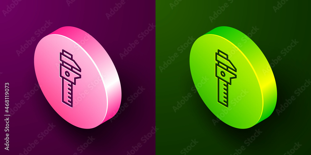 Poster isometric line calliper or caliper and scale icon isolated on purple and green background. precision