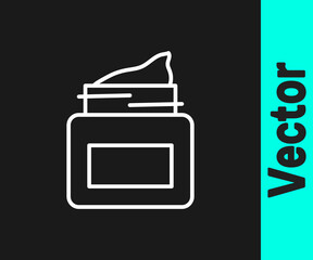 White line Cream or lotion cosmetic jar icon isolated on black background. Body care products for men. Vector