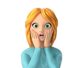 Cartoon character girl with a surprised face and open mouth close-up on a white background. Isolate of a red - haired woman. 3D Render