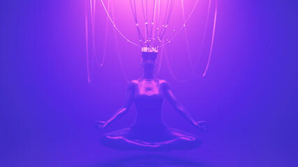 Woman in VR glasses in meditation pose connected with cables to metaverse. Avatar neon concept. Ultraviolet cyberpunk illustration. 3d render illustration