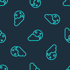 Green line Moon and stars icon isolated seamless pattern on blue background. Cloudy night sign. Sleep dreams symbol. Full moon. Night or bed time sign. Vector