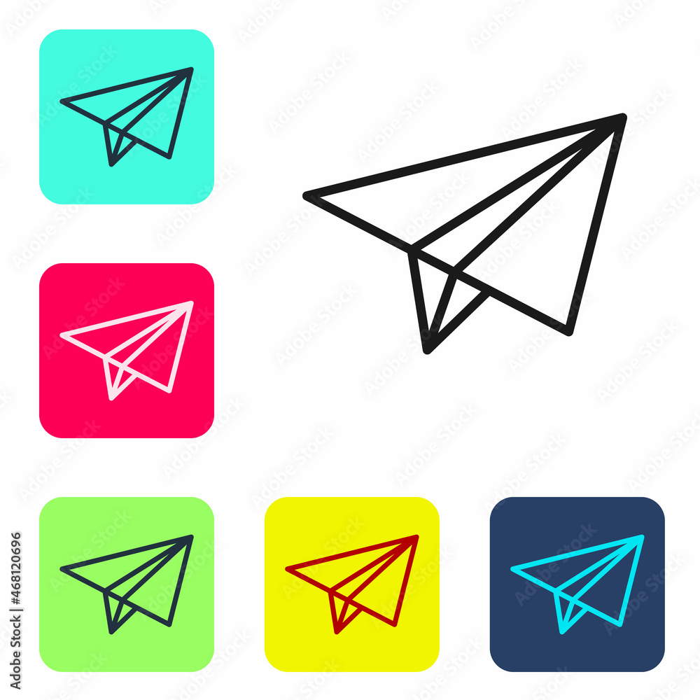Poster black line paper airplane icon isolated on white background. set icons in color square buttons. vect