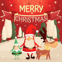 Merry Christmas and Happy New Year greeting card with cute Santa elves and deer in Christmas snow scene Premium Vector