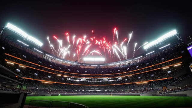 Colorful firework show on baseball park arena final championship major league with animated fan crowd. High quality 4k footage