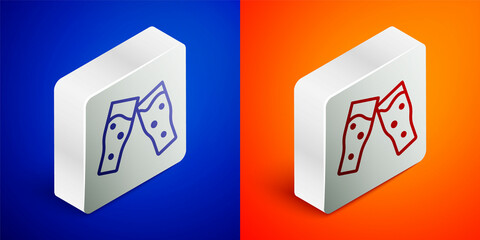 Isometric line Glass of beer icon isolated on blue and orange background. Silver square button. Vector