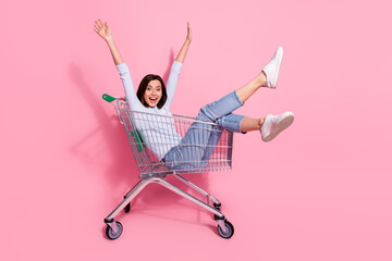 Photo of adorable funky young lady dressed white jumper smiling having fun shopping trolley...