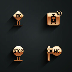 Set Speed limit traffic sign 100 km, Online ticket booking, Stop and Toilet icon with long shadow. Vector