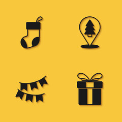 Set Christmas stocking, Gift box, Carnival garland with flags and tree icon with long shadow. Vector