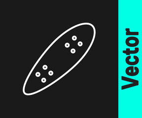 White line Longboard or skateboard cruiser icon isolated on black background. Extreme sport. Sport equipment. Vector