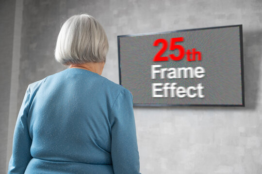 25th frame effect technology concept with an elderly retired woman looking TV with text 25th Frame Effect.