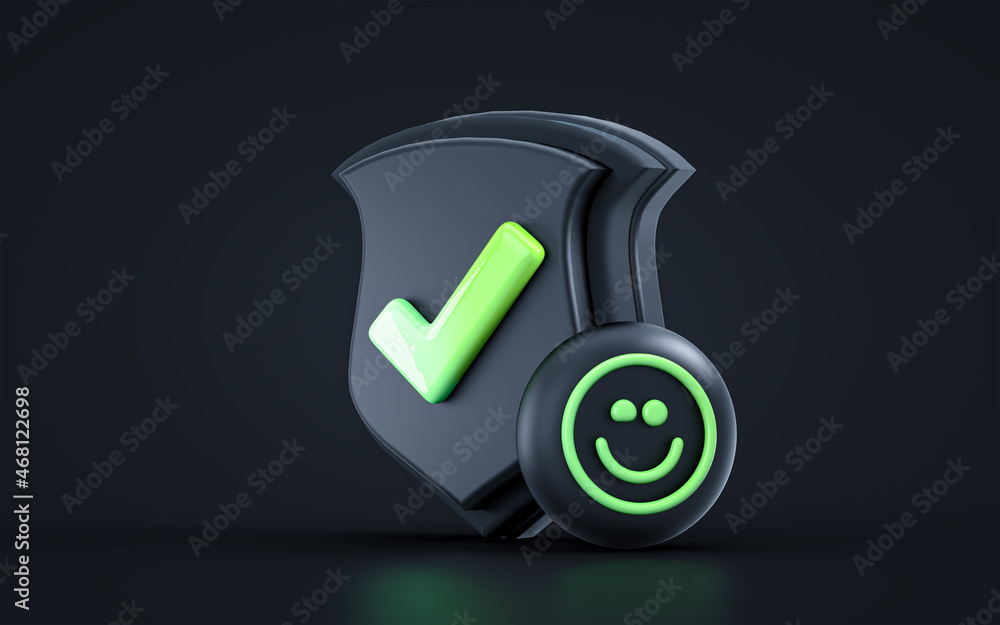 Poster security shield check mark, safety, privacy concept happy smiling on dark background 3d render