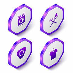 Set Isometric Washer, Electric iron and ironing board, Sewing chalk and T-shirt hanger icon. Purple hexagon button. Vector