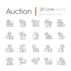 Auction linear icons set. Competitive bargaining. Bidding for item. Public sales. Selling property. Customizable thin line contour symbols. Isolated vector outline illustrations. Editable stroke