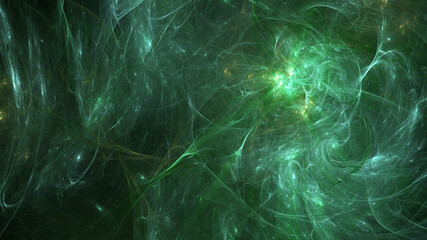 Abstract green fractal art background banner, suggestive of smoke, gas, plasma or a nebula or deep space anomaly.