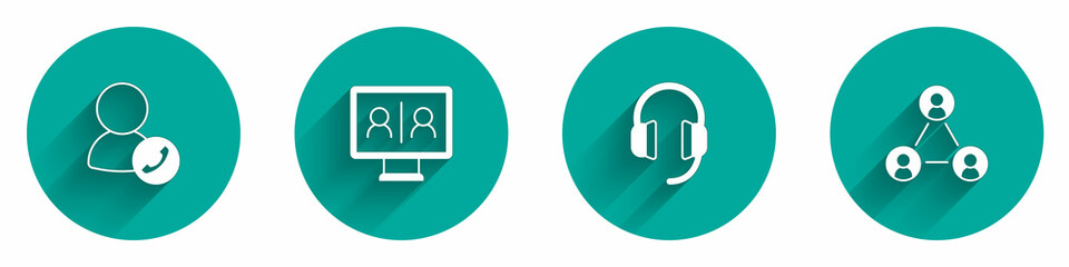 Set Video chat conference, Headphones and Meeting icon with long shadow. Vector