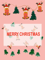 Christmas card with green trees and deer.